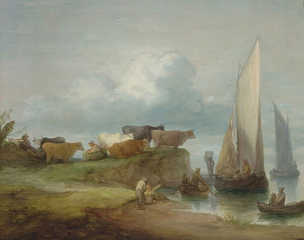 Cattle on a River Bank with Sailing Boats, 1780-84 (oil on canvas)