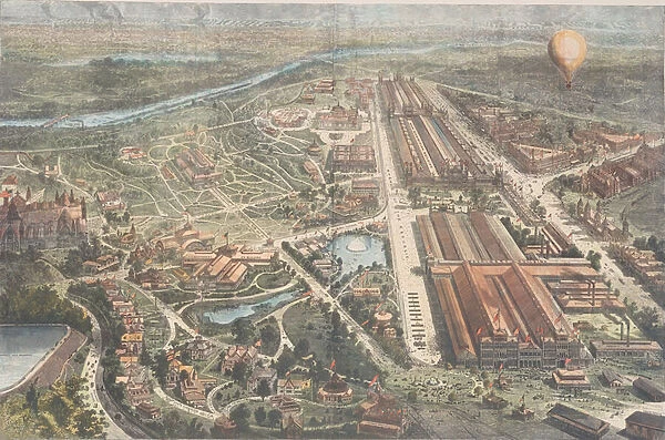 The Centennial - Balloon View of the Grounds, Harpers Weekly, c. 1876 (colour litho)