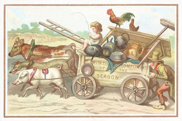 Child driving cart, Christmas Card (chromolitho)
