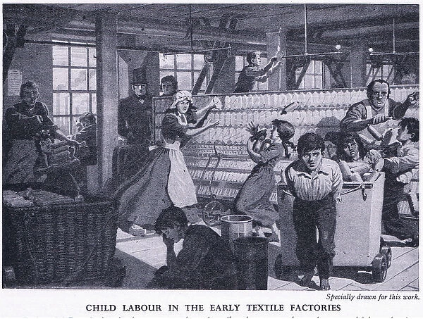 Child labour in the early textile factories, c. 1950 (litho)
