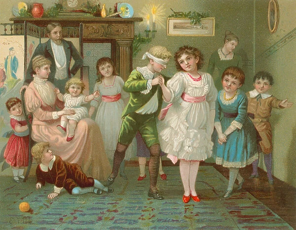 Children playing blind mans buff at Christmas time (chromolitho)
