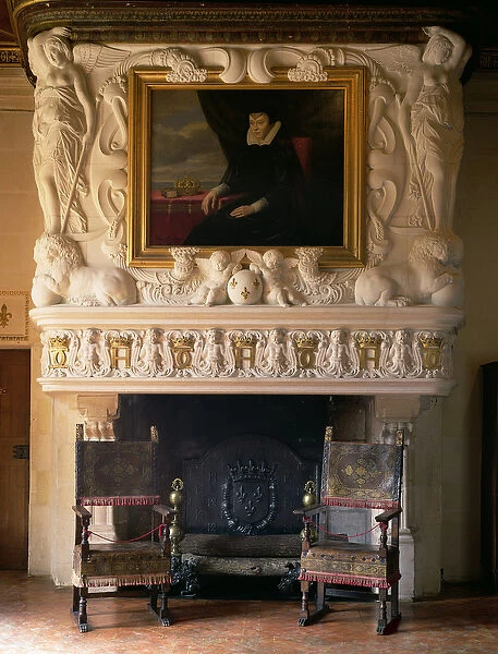 Chimneypiece with a painting of Catherine de Medici (1519-89) above