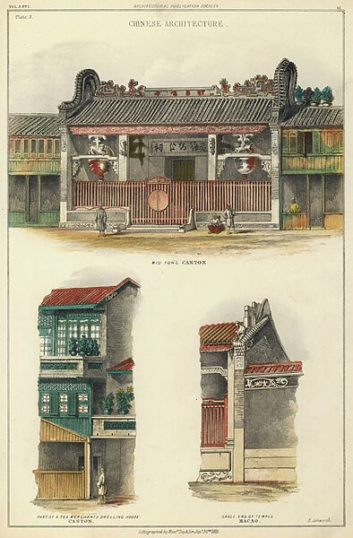 Chinese architecture: details of buildings in Canton and Macao (colour litho)