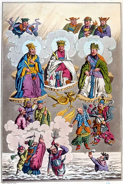 Chinese deities divided into 3 classes: Lao - Tseu (or Laozi on the left), P an Ku (or Fo - Ni, in the middle) Confucius (right) - in 'The old and modern costume'by Ferrario, ed. Milan, 1819-20