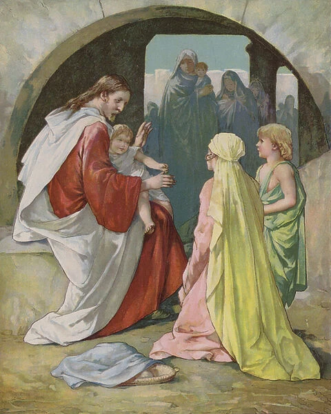 Christ blessing Little Children (colour litho)