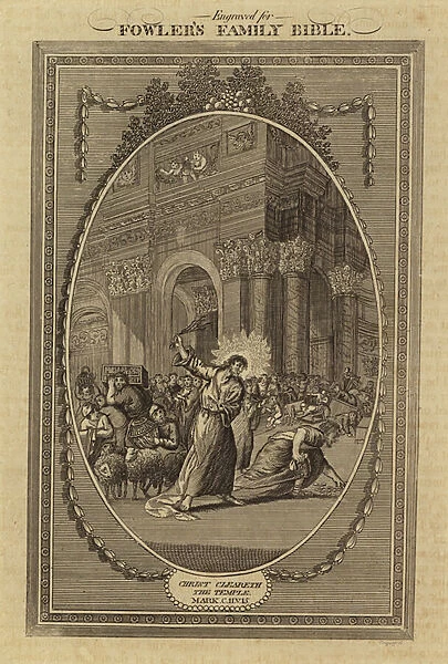 Christ cleareth the Temple, Mark, Chapter 11, Verse 15 (engraving)