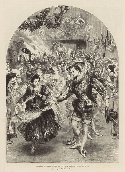 Christmas country dance in an old English baronial hall (engraving)