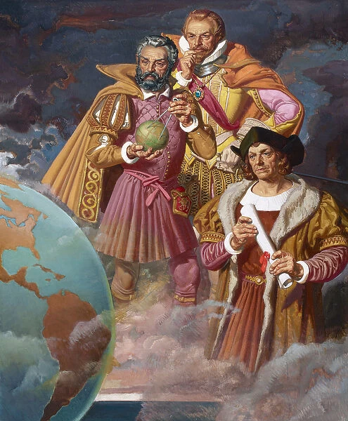 Christopher Columbus, Ferdinand Magellan, and Vasco de Gama, c. 1940 (colour litho)