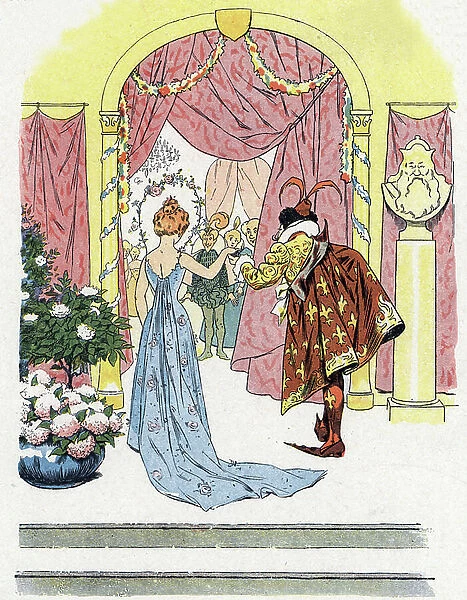 Cinderella arrives at Henry Gerbault's Illustration Ball (1863-1930) for ' Cinderella' tale by Charles Perrault (1628-1703)