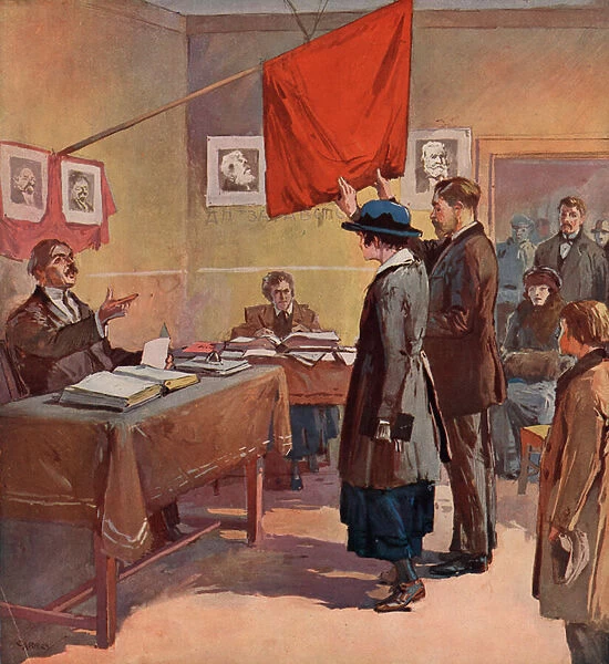 Civil marriage performed by a provincial commissar in Soviet Russia under the aegis of the Red Flag (colour litho)