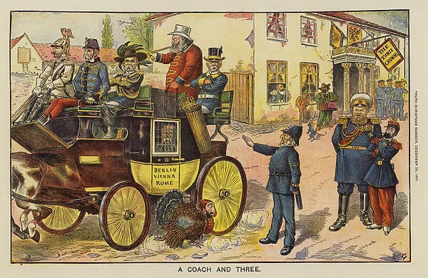 A Coach and Three: satire depicting Otto von Bismarck as a prisoner in a carriage driven by Germany, Austria and Italy (coloured engraving)