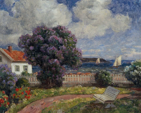 Coastal Landscape with Blooming Lilac Bush (oil on canvas)