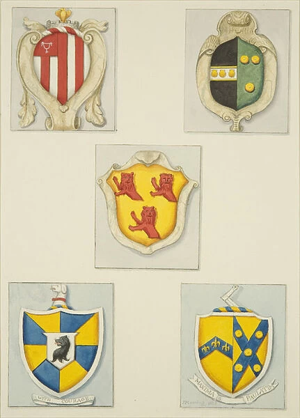 Five coats of arms from monuments in Temple Church (w  /  c on paper)