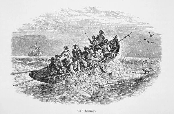 Cod-fishing off Cape Cod, Massachusetts in the 18th century (litho)