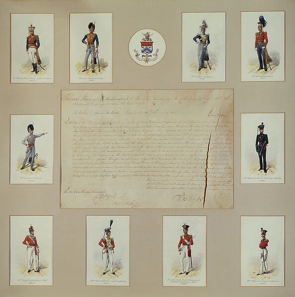 Ten coloured engravings of officers in uniform (coloured engraving)