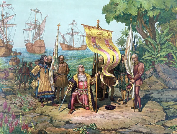 Columbus taking possession of the New Country, pub. 1893 (coloured litho)