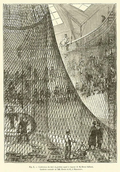 Confection du filet du ballon captif a vapeur de M Henri Giffard, Corderie centrale de MM Fretet et Ce, a Vincennes (engraving)