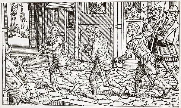 Contemporary woodcut showing a vagrant being whipped through the streets of a town