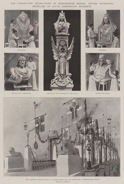 The Coronation Decorations of Westminster Bridge, British Sovereigns modelled by South Kensington Students (engraving)