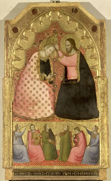 Coronation of the Virgin, altarpiece with a predella panel depicting angels playing