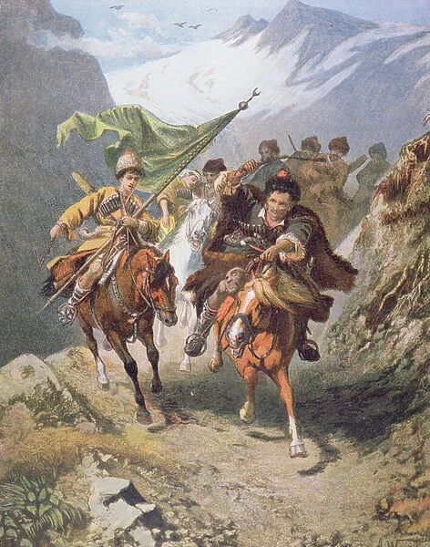 Cossacks of the Caucasus return from a raid on a settlement of Muslim cossacks with a