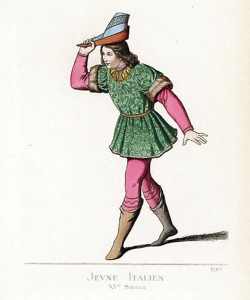 Costume of a young Italian man, lifting his hat as a sign of salvation, 15th century - Young Italian man doffing his hat in salute, 15th century - He wears a violet peaked cap, a crimson velvet doublet, green damask tunic with fur trim