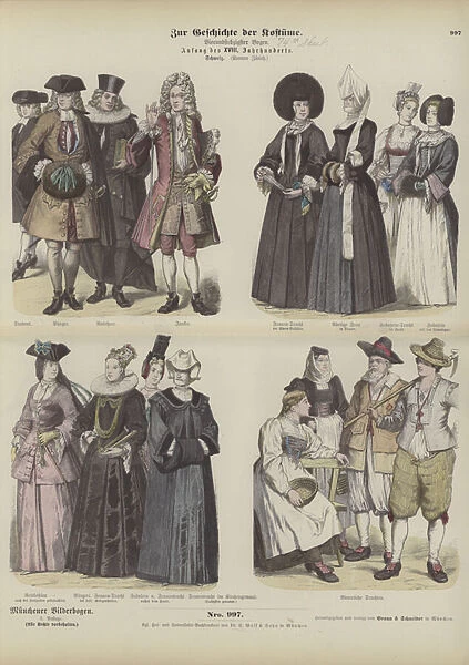 Costumes of the Swiss canton of Zurich, early 18th Century (coloured engraving)