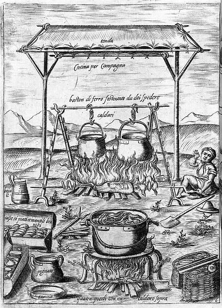 Country kitchen: cauldrons and pots are placed on fire. Engraving from 'Opera'