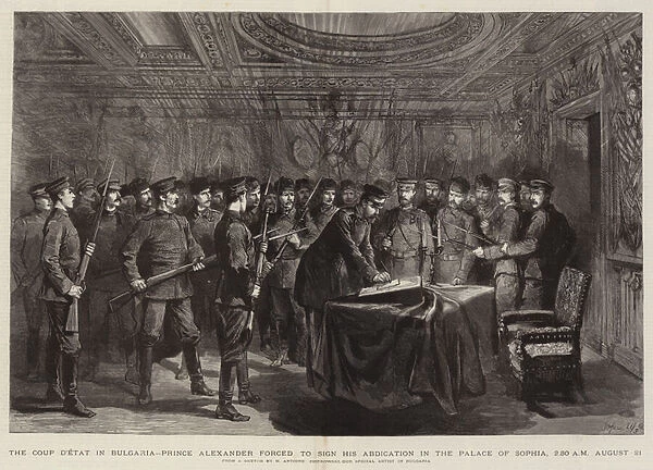 The Coup d Etat in Bulgaria, Prince Alexander forced to sign his Abdication in the Palace of Sophia, 2. 30 AM 21 August (engraving)