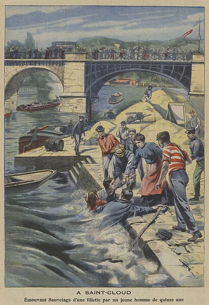 Courageous rescue of a young girl from the River Seine by a fifteen year-old boy at Saint-Cloud, France (colour litho)