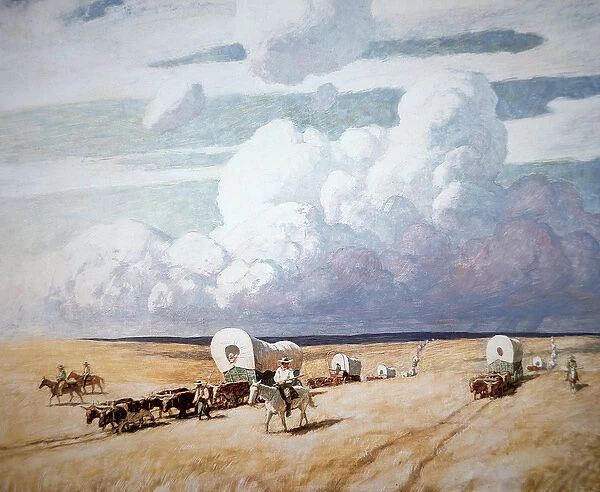 Covered wagons heading west (oil on canvas)