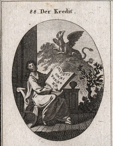 Credit allegory holding a book with the inscription '