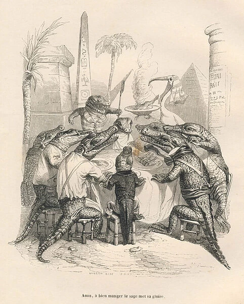 Crocodiles autour d une table en Egypte. Vignettes illustrees par JJ Granville
