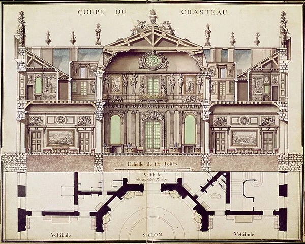 Cross-sectional plan of the Chateau de Marly, 1714 (engraving)