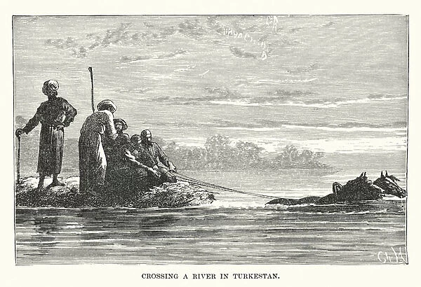 Crossing a river in Turkestan (engraving)