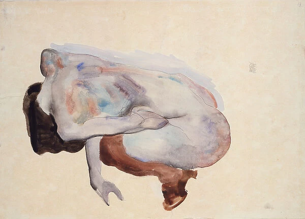 Crouching Nude in Shoes and Black Stockings, Back View, 1912 (w  /  c, gouache and graphite