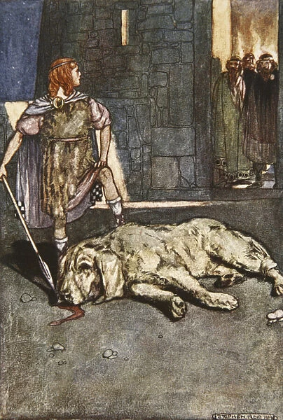 Cuchalain slays the Hound of Culain, illustration from Cuchulain, The Hound of Ulster, by Eleanor Hull (1860-1935), 1904 (colour litho)