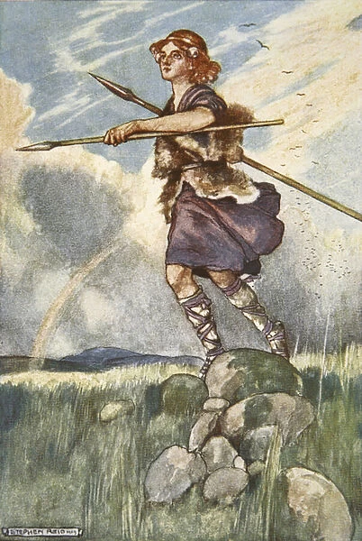 Cuchulain sets out for Emain Macha, illustration from Cuchulain, The Hound of Ulster, by Eleanor Hull (1860-1935), 1904 (colour litho)