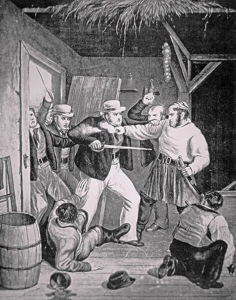 Customs men raiding a smugglers den, c. 1820 (litho)