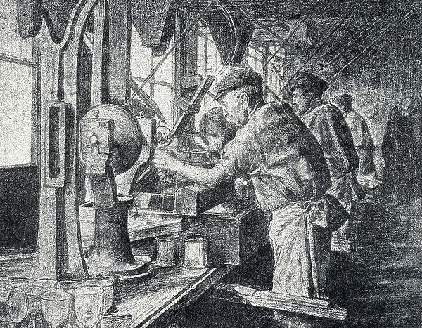 Cutting workshop at the crystal glass manufacture in Sevres near Paris Engraving from 'Excursion a travers les metiers' by Pierre Calmette Private Collection