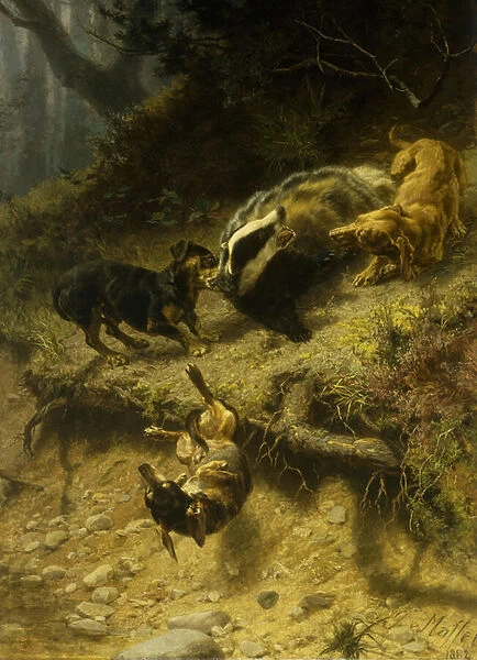 Dachshunds on a Badger, 1882 (oil on canvas)