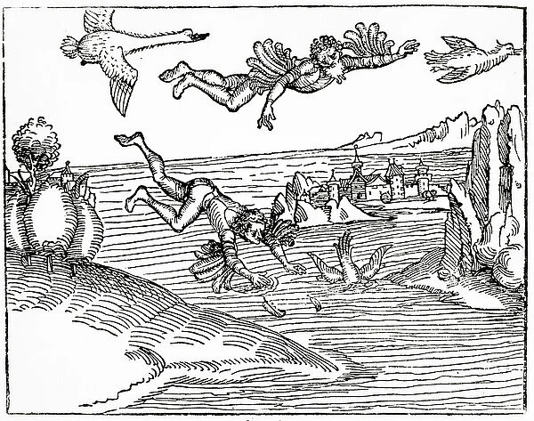 Daedalus, escaping from Crete with his son, Icarus, sees him falling to his death