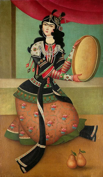 A Dancing Girl with a Tambourine, Qajar school (oil on canvas)