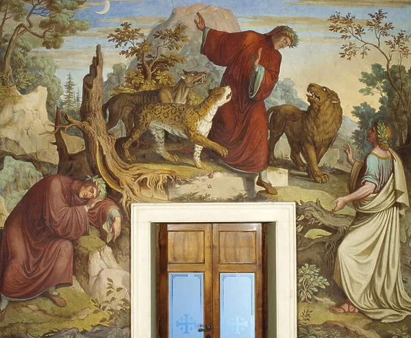 Dante sleeping, attacked by wild beasts, and encountering Virgil (fresco)