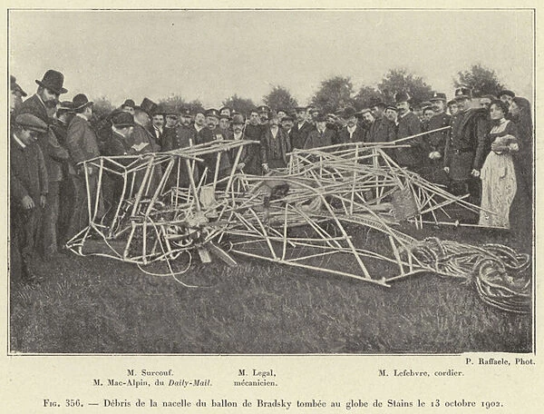 Debris de la nacelle du ballon de Bradsky tombee au globe de Stains le 13 octobre 1902 (engraving)