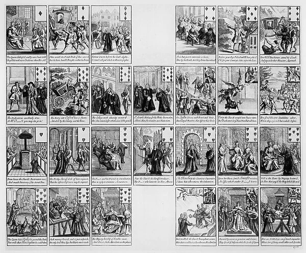 Deck of cards with scenes from the reign of Queen Anne, 1704 (engraving)
