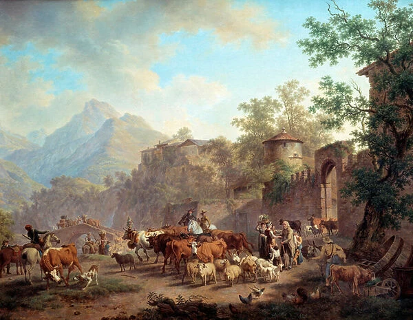 Depart of the herds for the mountain Debut of transhumances. Painting by Pierre Louis Larive (de la Rive) Godefroy (1735-1817) 1813 Geneve, Museum of Art and History