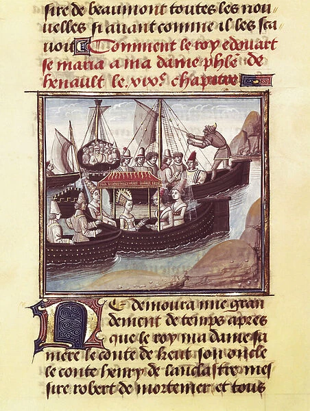 Departure of the Queen of England Philippa of Hainault (1314-1369) to mark King Edward III of England, from 'The Chronicles', 14th century (miniature)