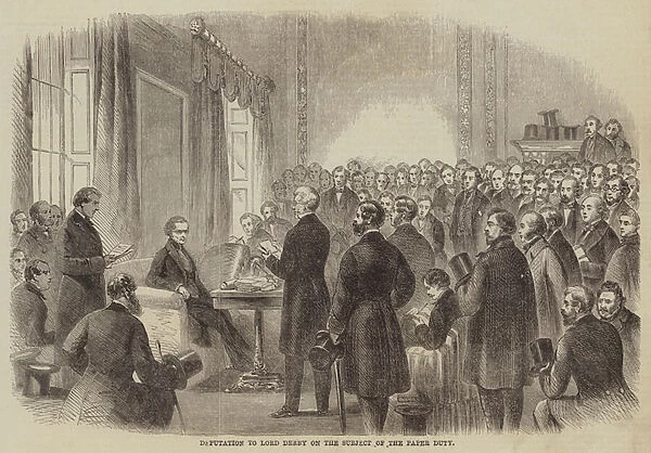 Deputation to Lord Derby on the Subject of the Paper Duty (engraving)