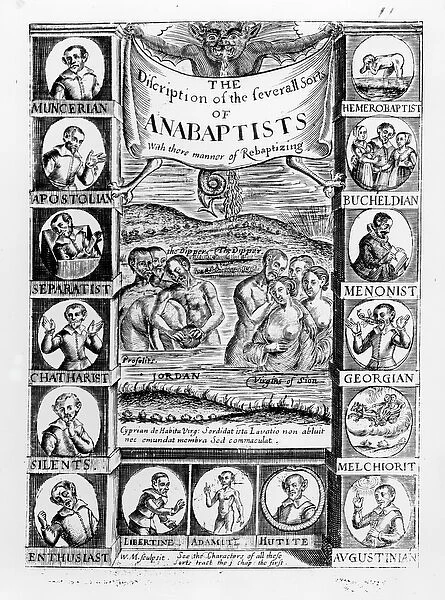 Description of the several sorts of Anabaptists, 1645 (engraving) (b  /  w photo)